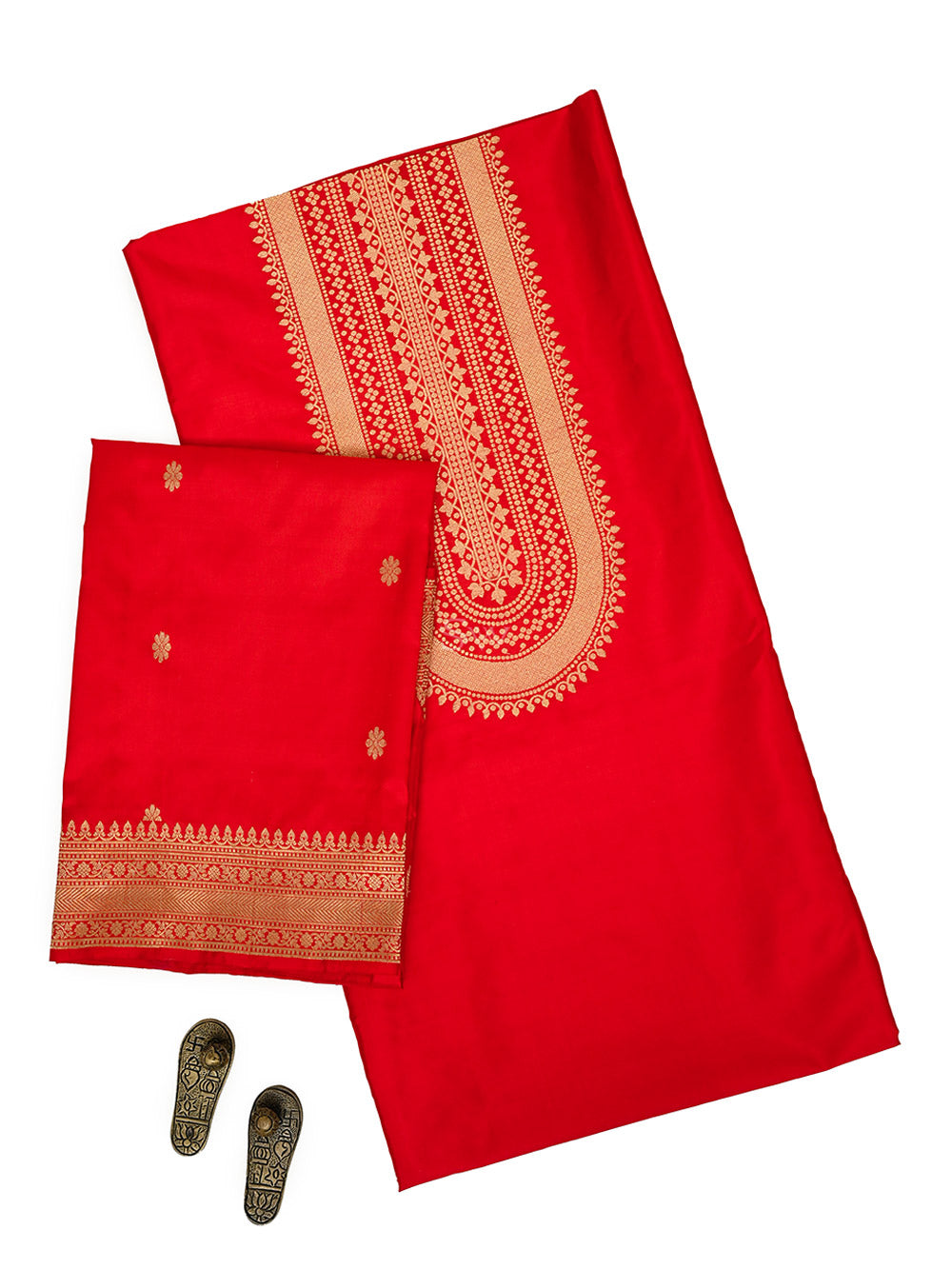 Red Plain Booti Katan Silk Handloom Banarasi Suit - Sacred Weaves