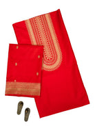 Red Plain Booti Katan Silk Handloom Banarasi Suit - Sacred Weaves