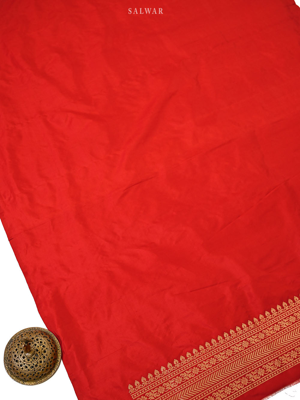 Red Plain Booti Katan Silk Handloom Banarasi Suit - Sacred Weaves