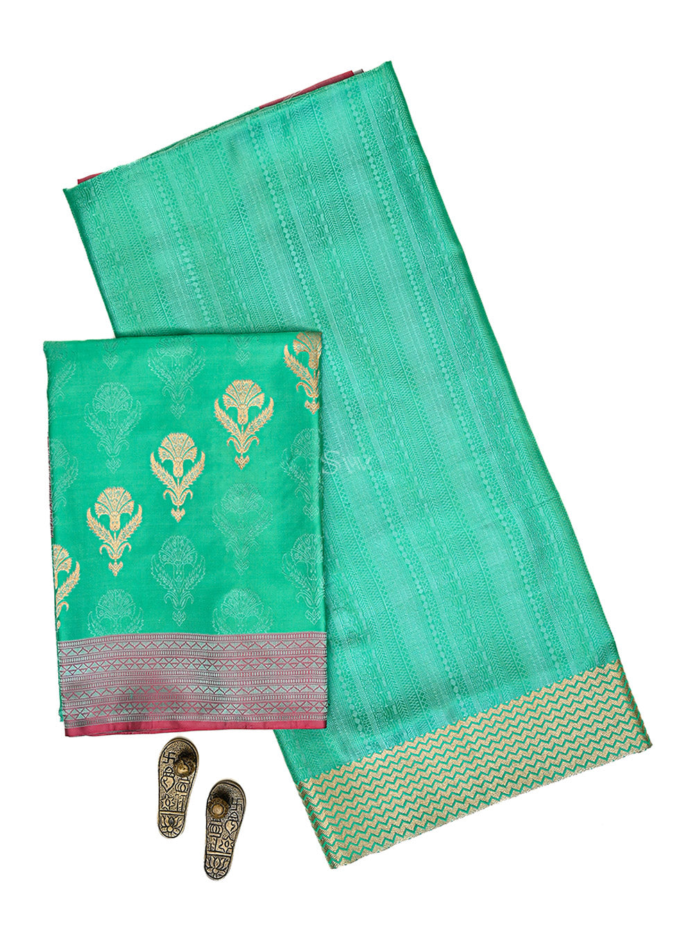 Sea Green Satin Tanchoi Silk Handloom Banarasi Suit - Sacred Weaves