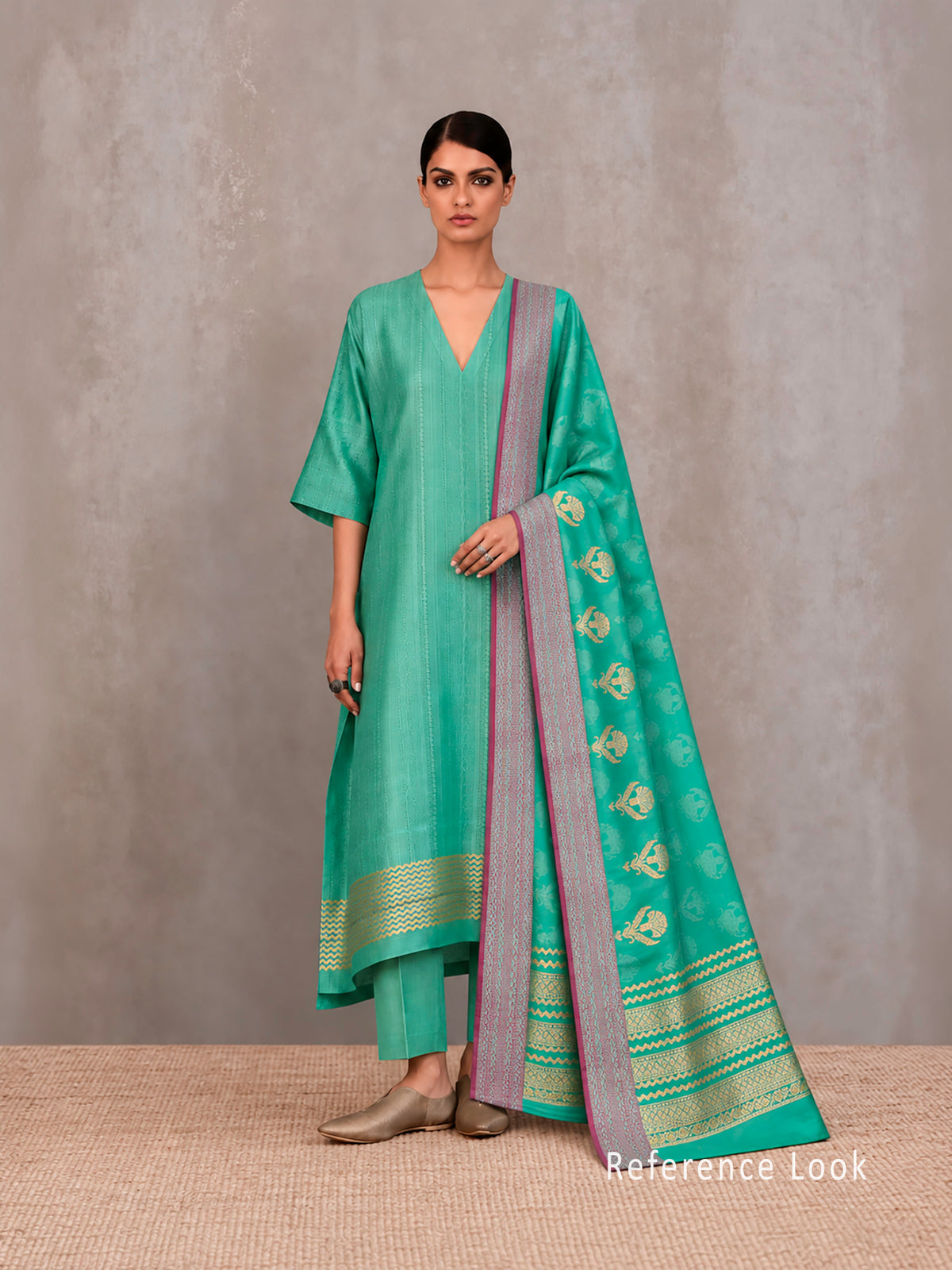 Sea Green Satin Tanchoi Silk Handloom Banarasi Suit - Sacred Weaves
