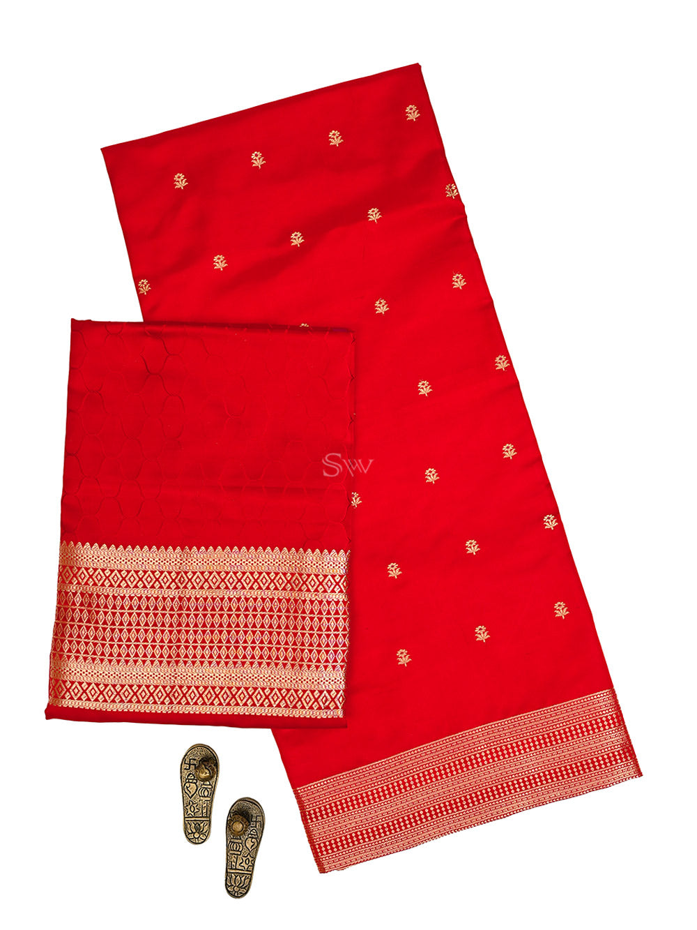 Red Floral Booti Satin Silk Handloom Banarasi Suit - Sacred Weaves