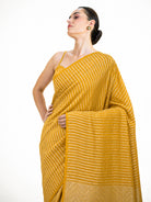 Yellow Zari Stripe Crepe Silk Handloom Banarasi Saree - Sacred Weaves