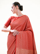 Red Zari Stripe Crepe Silk Handloom Banarasi Saree - Sacred Weaves