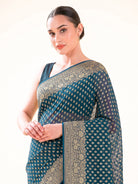 Midnight Blue Booti Khaddi Georgette Handloom Banarasi Saree - Sacred Weaves