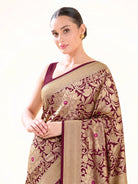 Wine Floral Meenakari Silk Brocade Handloom Banarasi Saree - Sacred Weaves