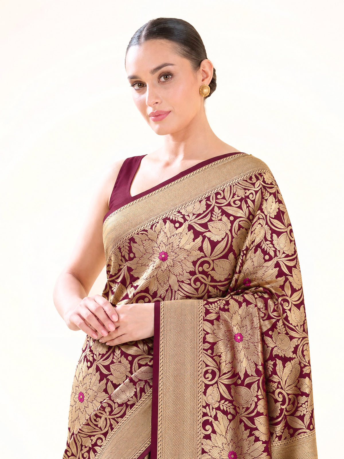 Wine Floral Meenakari Silk Brocade Handloom Banarasi Saree - Sacred Weaves