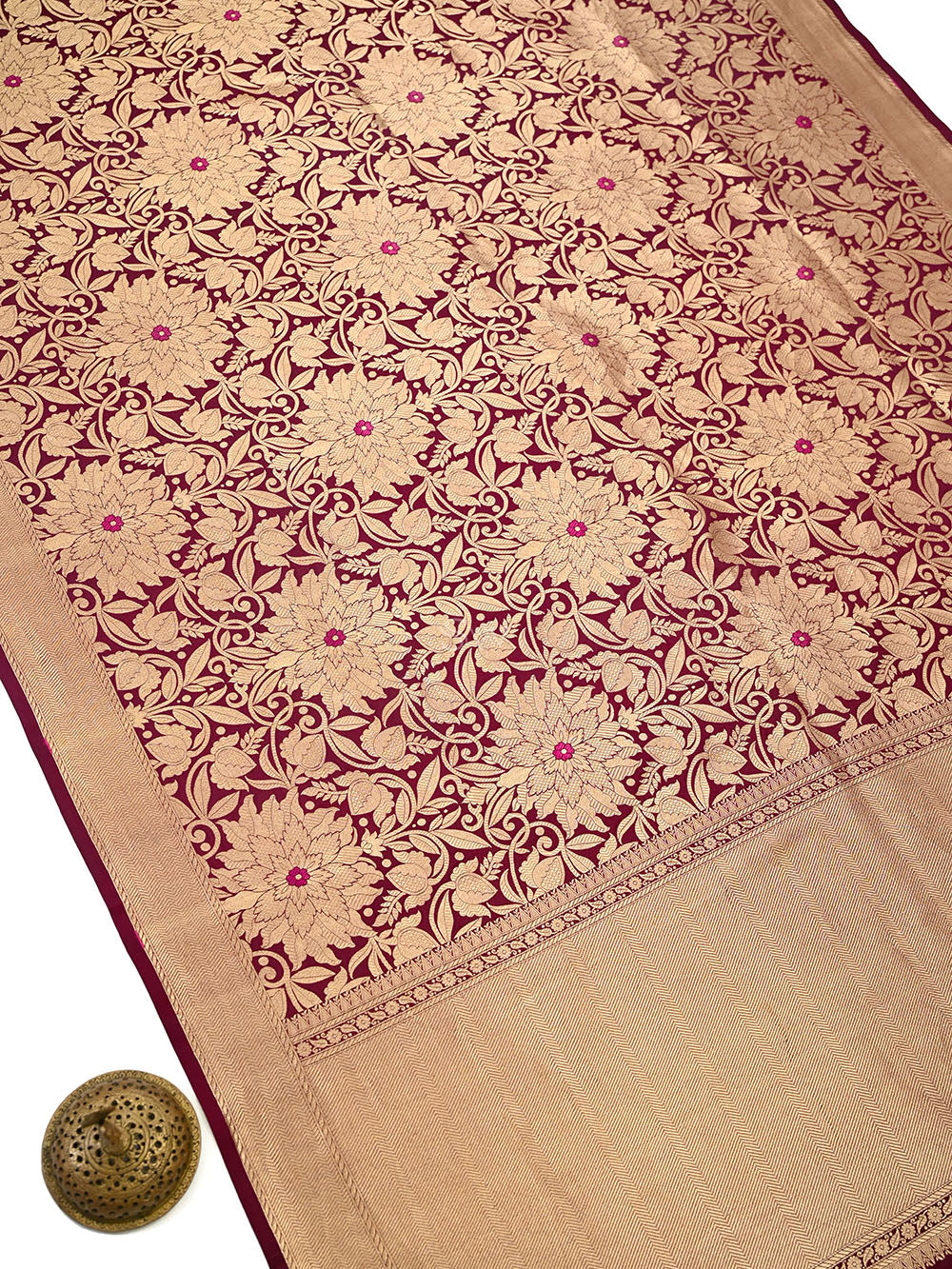 Wine Floral Meenakari Silk Brocade Handloom Banarasi Saree - Sacred Weaves