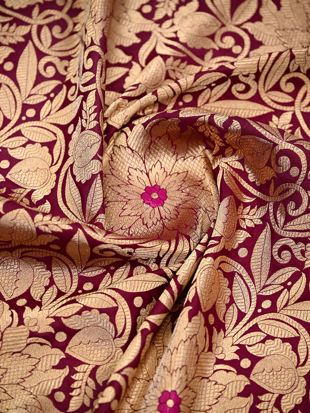 Wine Floral Meenakari Silk Brocade Handloom Banarasi Saree - Sacred Weaves