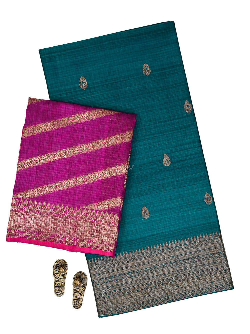 Teal Blue Booti Dupion Silk Handloom Banarasi Suit - Sacred Weaves