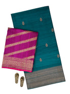 Teal Blue Booti Dupion Silk Handloom Banarasi Suit - Sacred Weaves