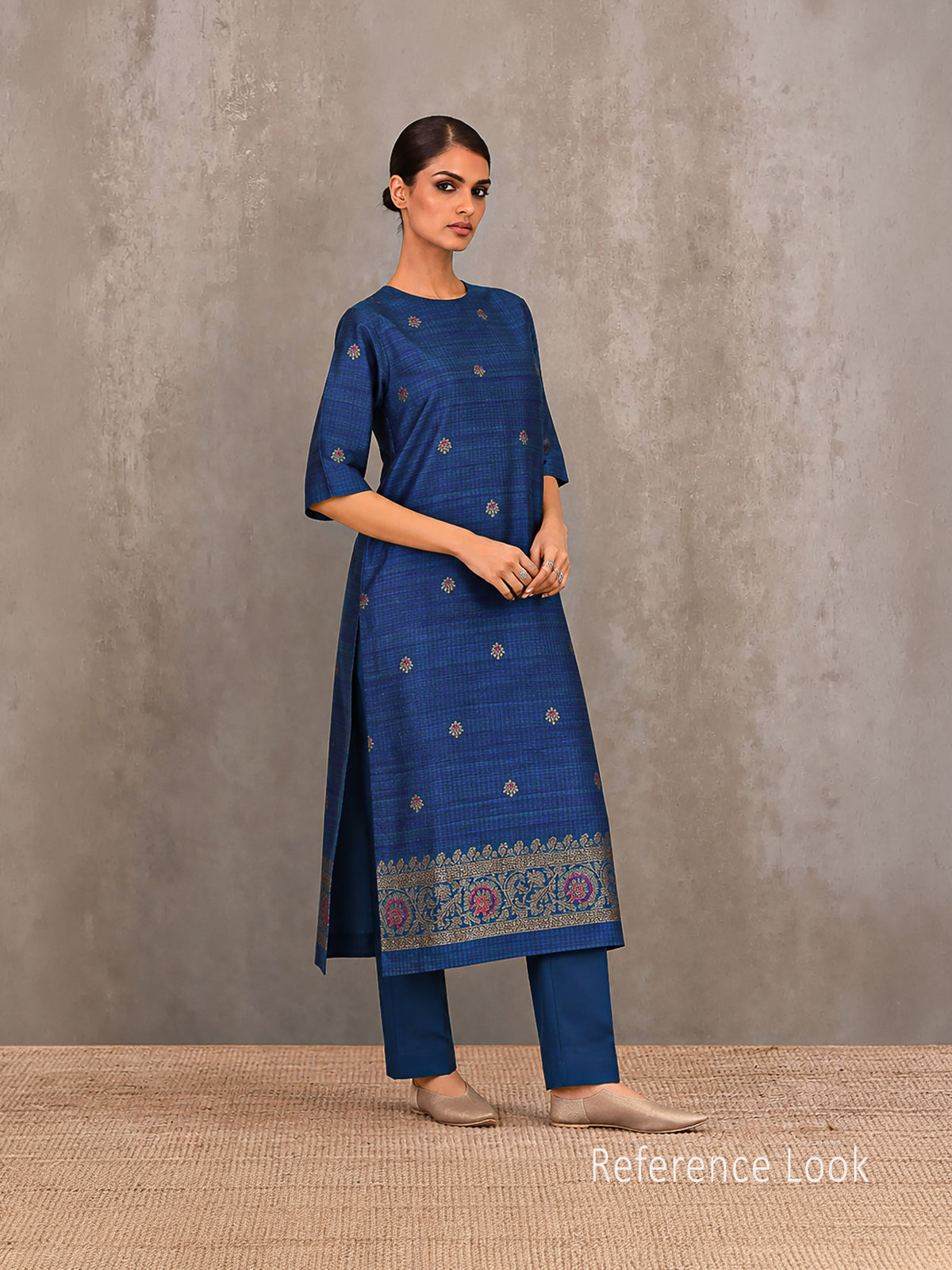 Peacock Blue Meenakari Booti Dupion Silk Handloom Banarasi Suit - Sacred Weaves