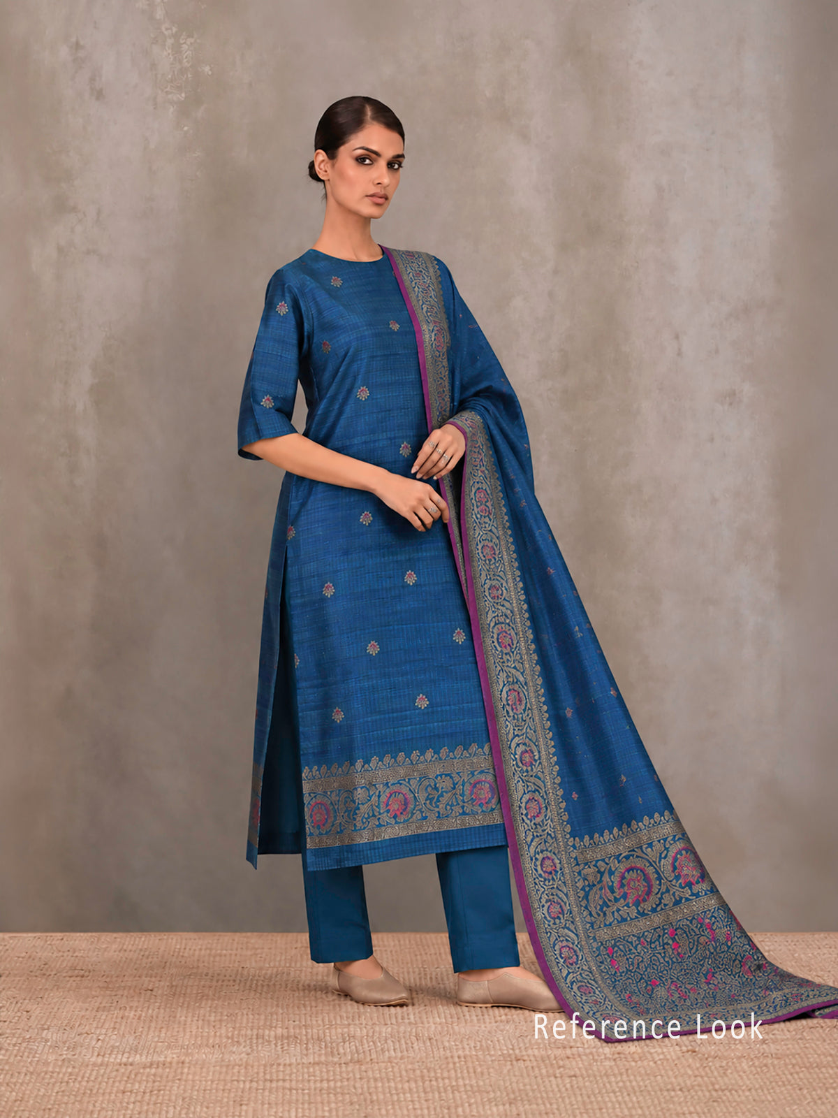 Peacock Blue Meenakari Booti Dupion Silk Handloom Banarasi Suit - Sacred Weaves