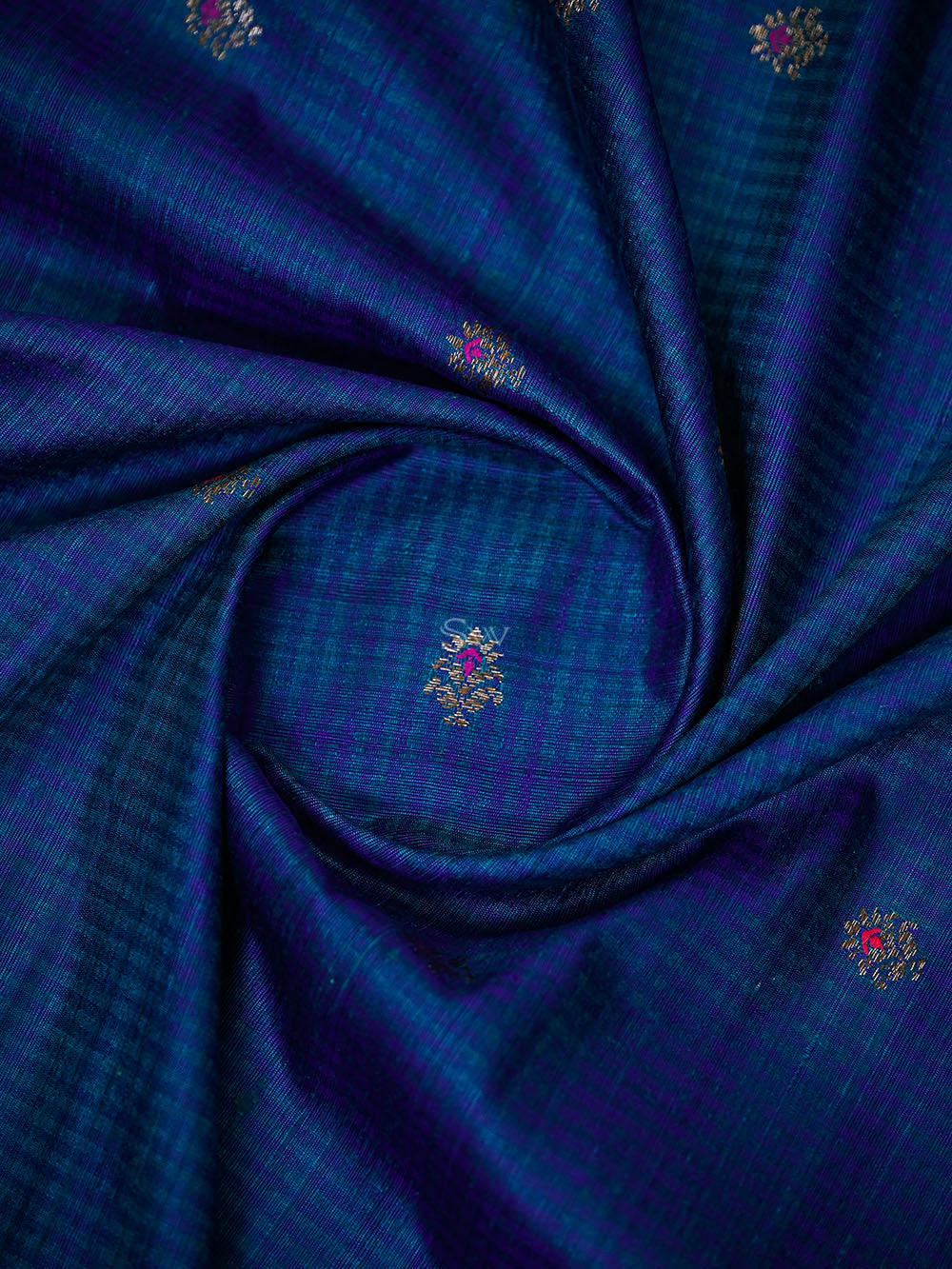 Peacock Blue Meenakari Booti Dupion Silk Handloom Banarasi Suit - Sacred Weaves