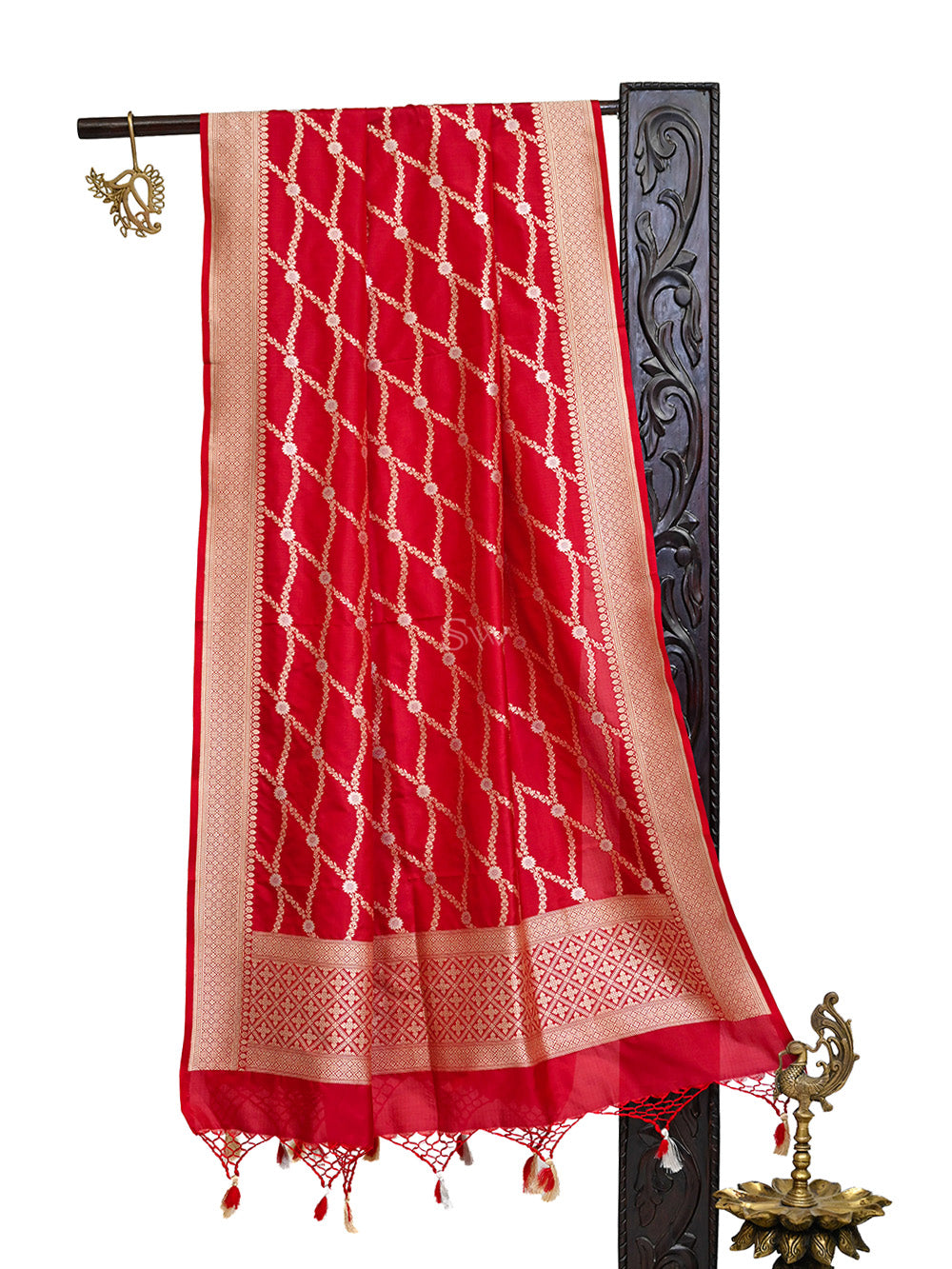 Red Jaal Katan Silk Handloom Banarasi Dupatta - Sacred Weaves
