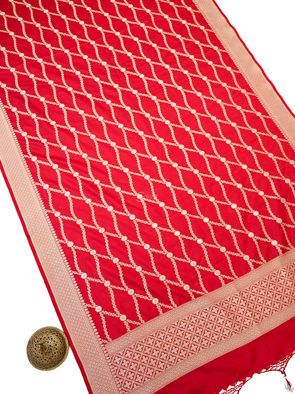 Red Jaal Katan Silk Handloom Banarasi Dupatta - Sacred Weaves