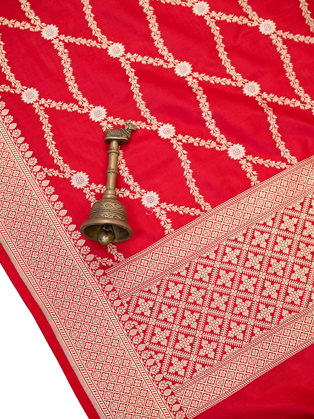 Red Jaal Katan Silk Handloom Banarasi Dupatta - Sacred Weaves