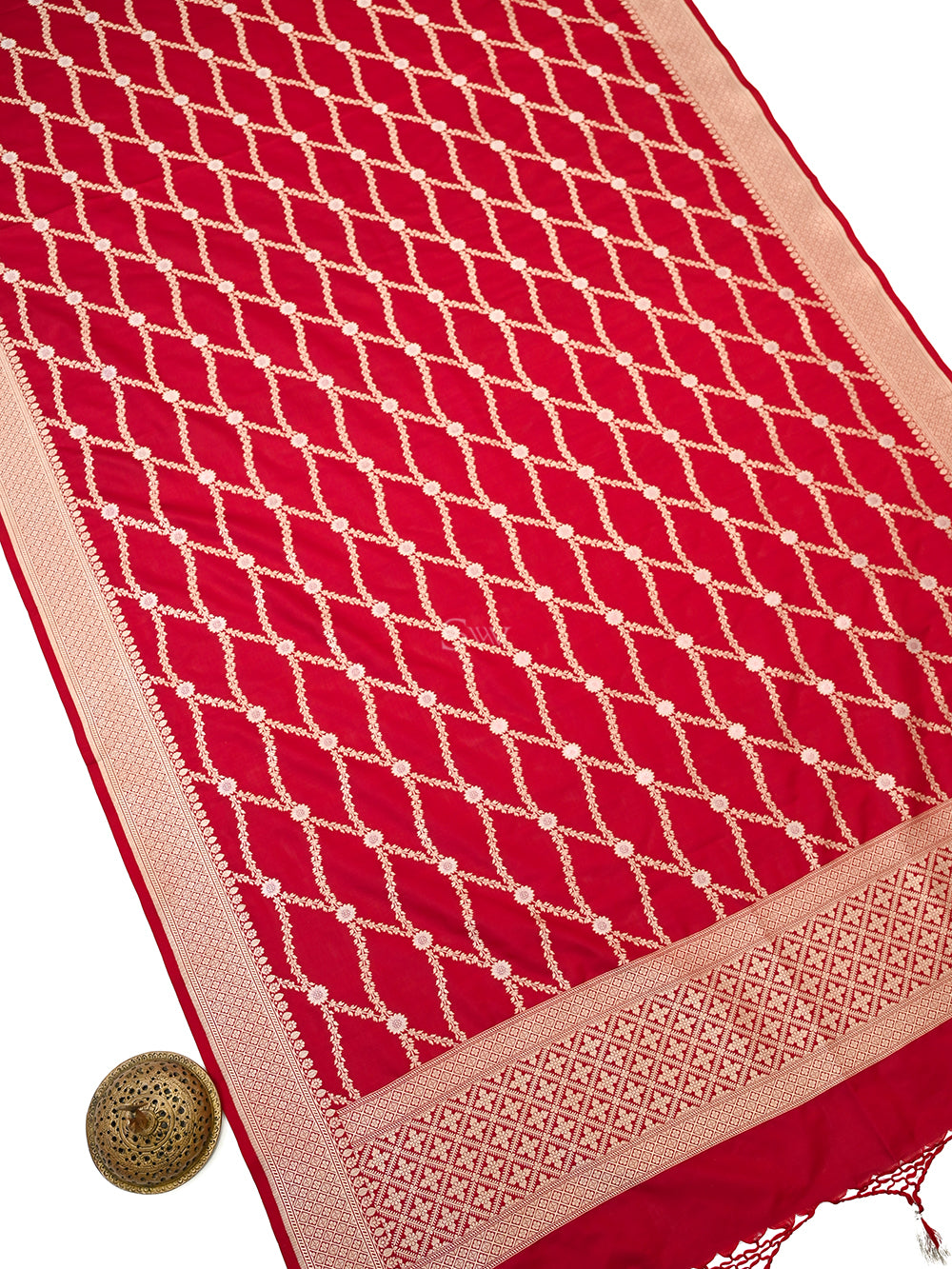 Dark Red Jaal Katan Silk Handloom Banarasi Dupatta - Sacred Weaves