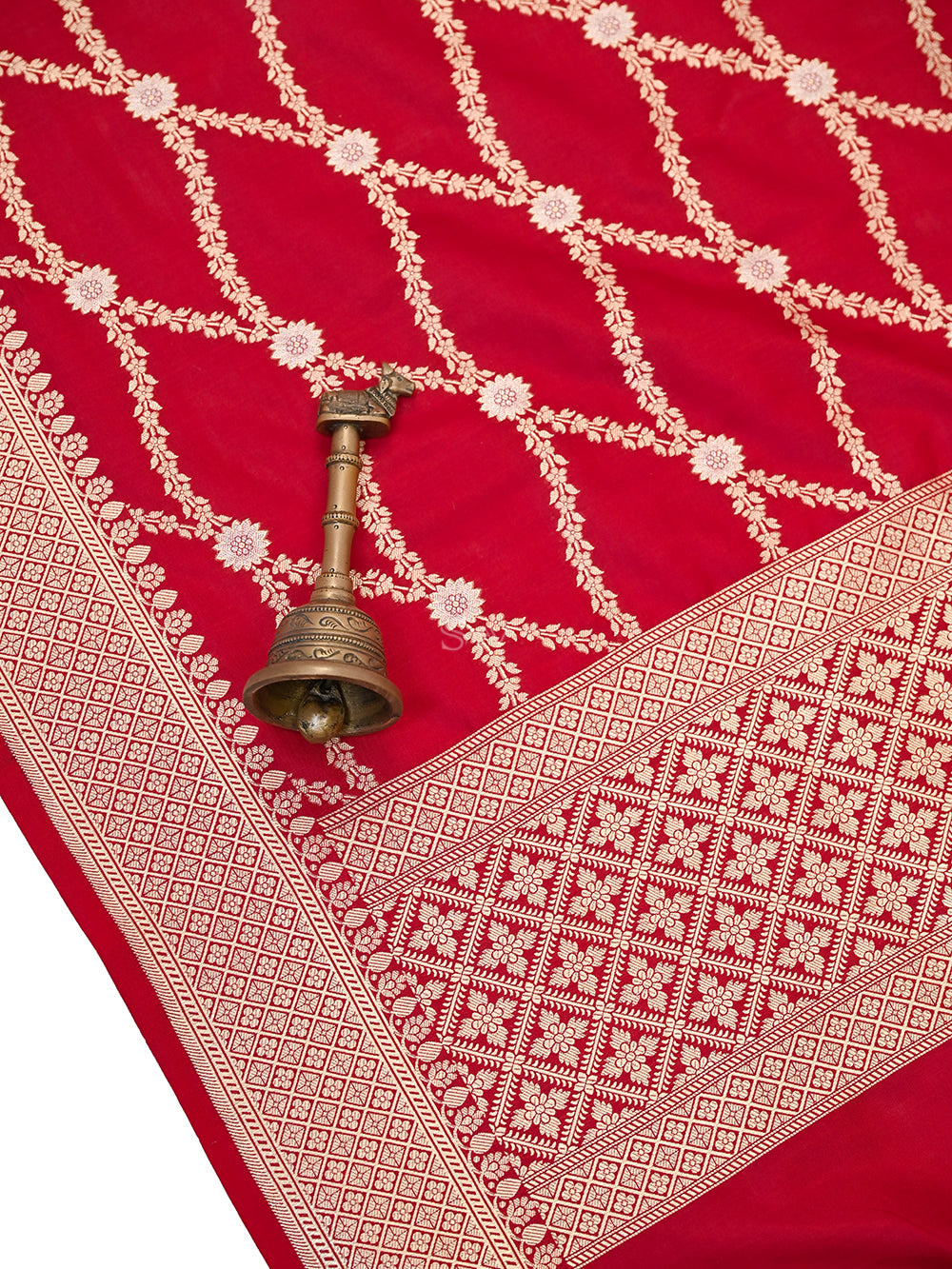 Dark Red Jaal Katan Silk Handloom Banarasi Dupatta - Sacred Weaves