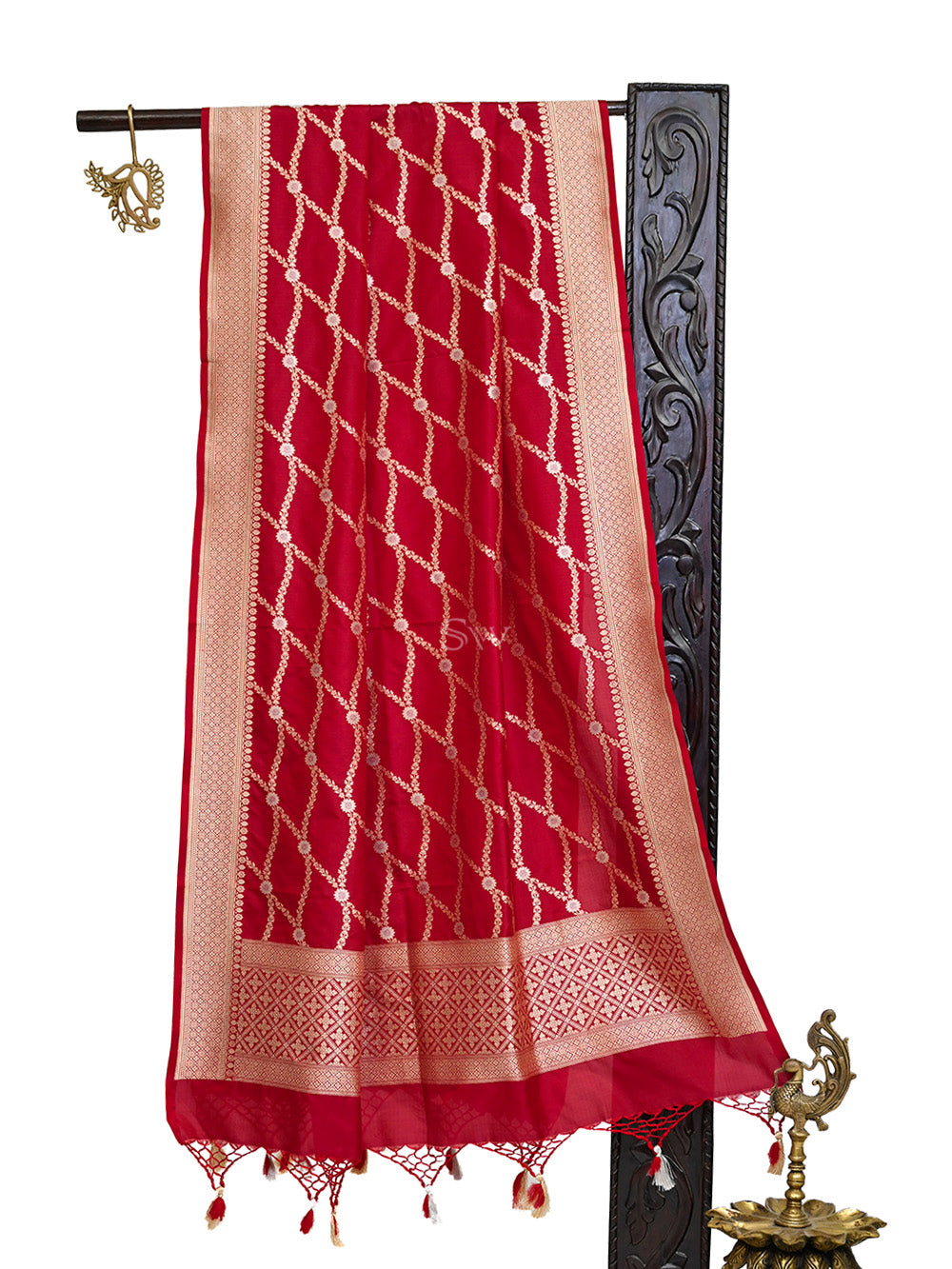 Dark Red Jaal Katan Silk Handloom Banarasi Dupatta - Sacred Weaves