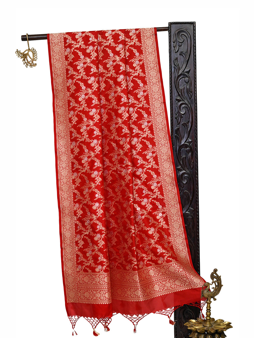 Red Jaal Katan Silk Handloom Banarasi Dupatta - Sacred Weaves