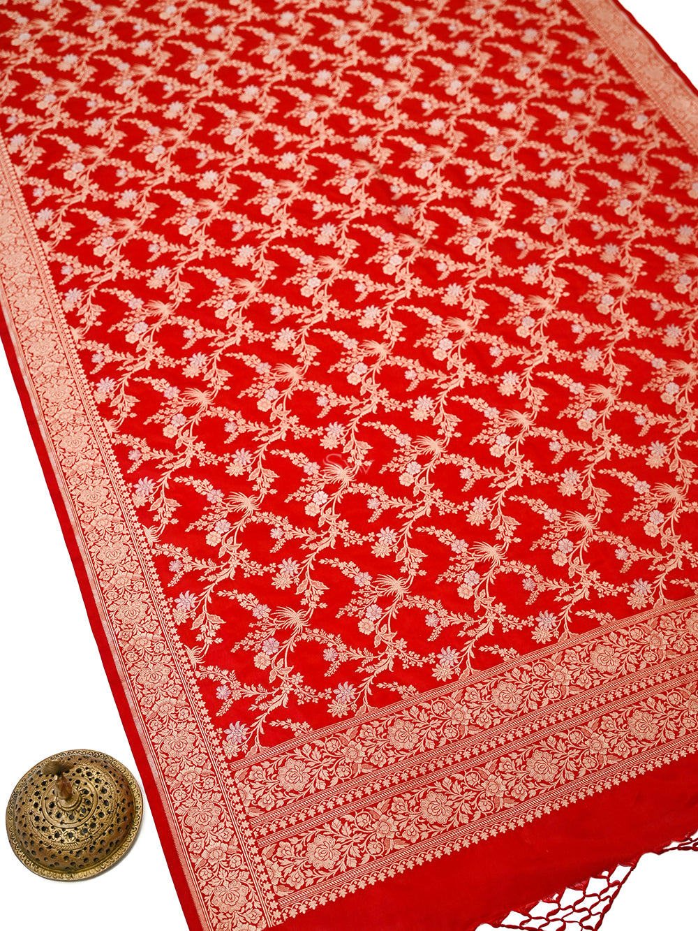Red Jaal Katan Silk Handloom Banarasi Dupatta - Sacred Weaves