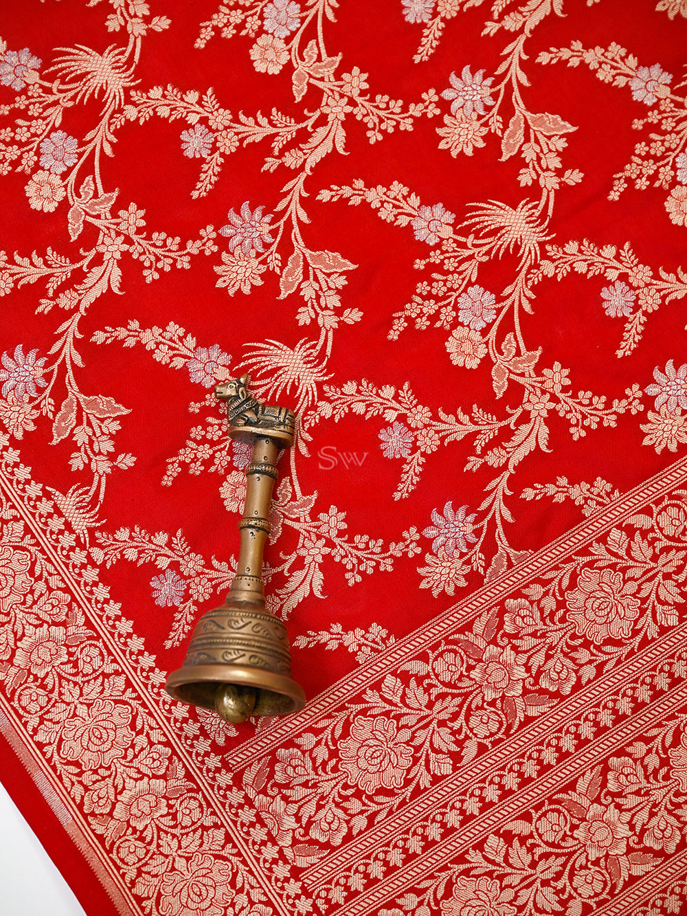 Red Jaal Katan Silk Handloom Banarasi Dupatta - Sacred Weaves