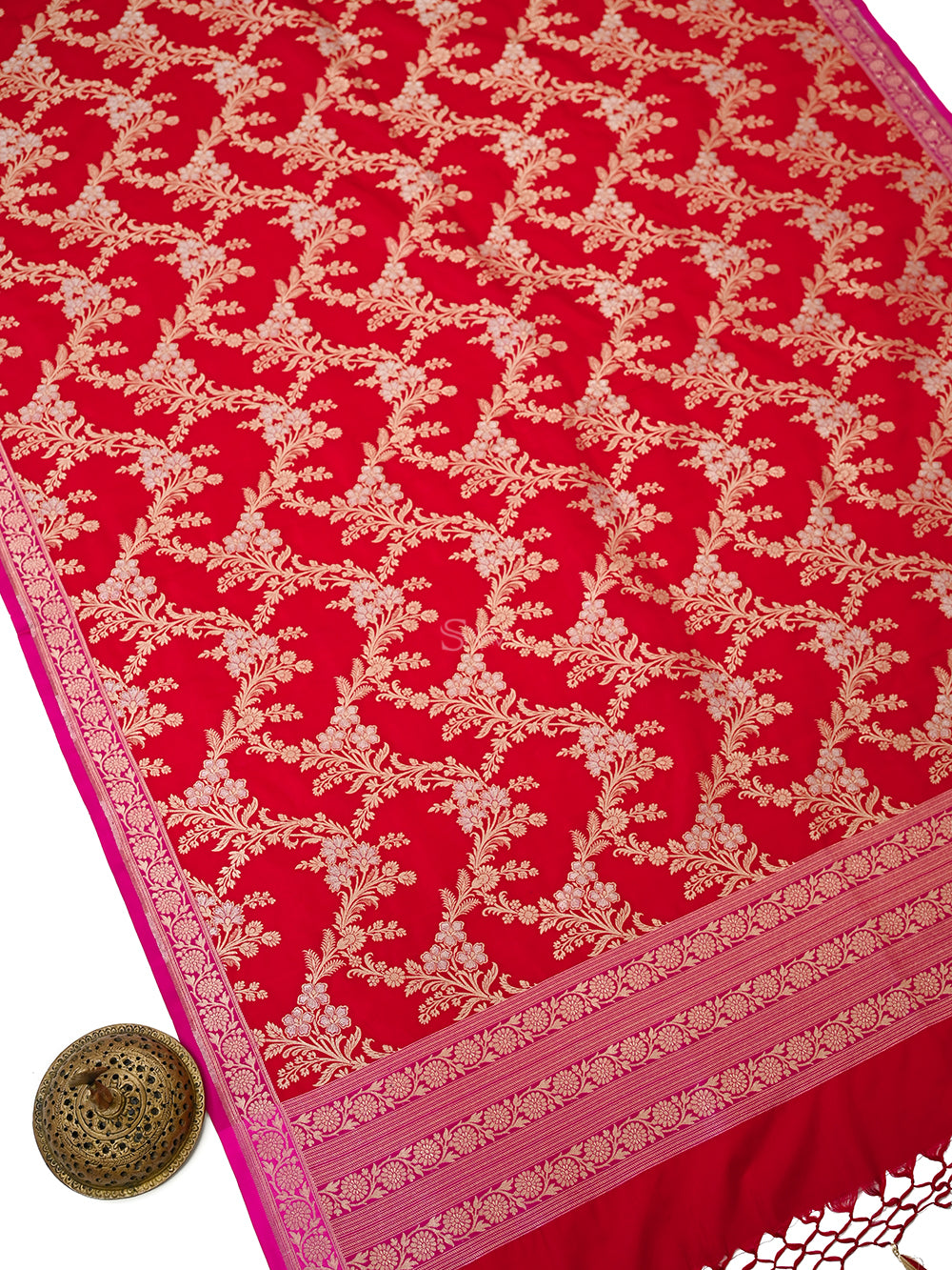 Red Jaal Katan Silk Handloom Banarasi Dupatta - Sacred Weaves