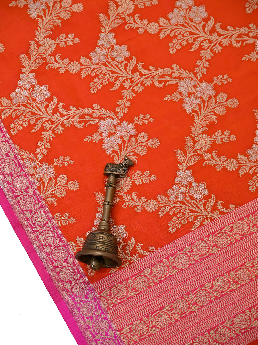 Orange Jaal Katan Silk Handloom Banarasi Dupatta - Sacred Weaves