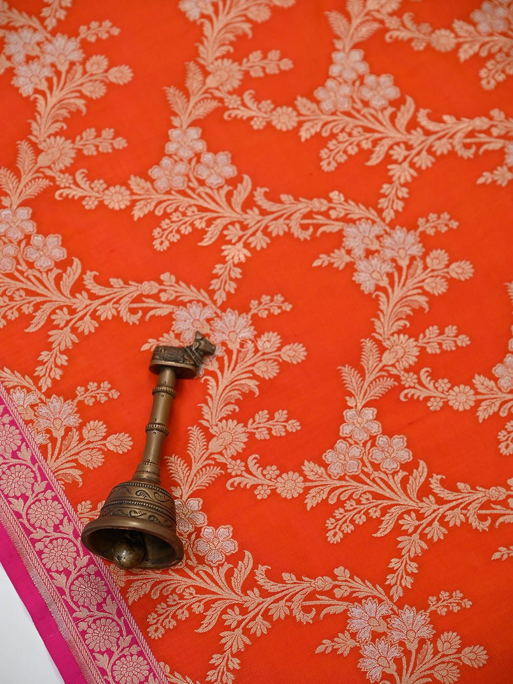 Orange Jaal Katan Silk Handloom Banarasi Dupatta - Sacred Weaves