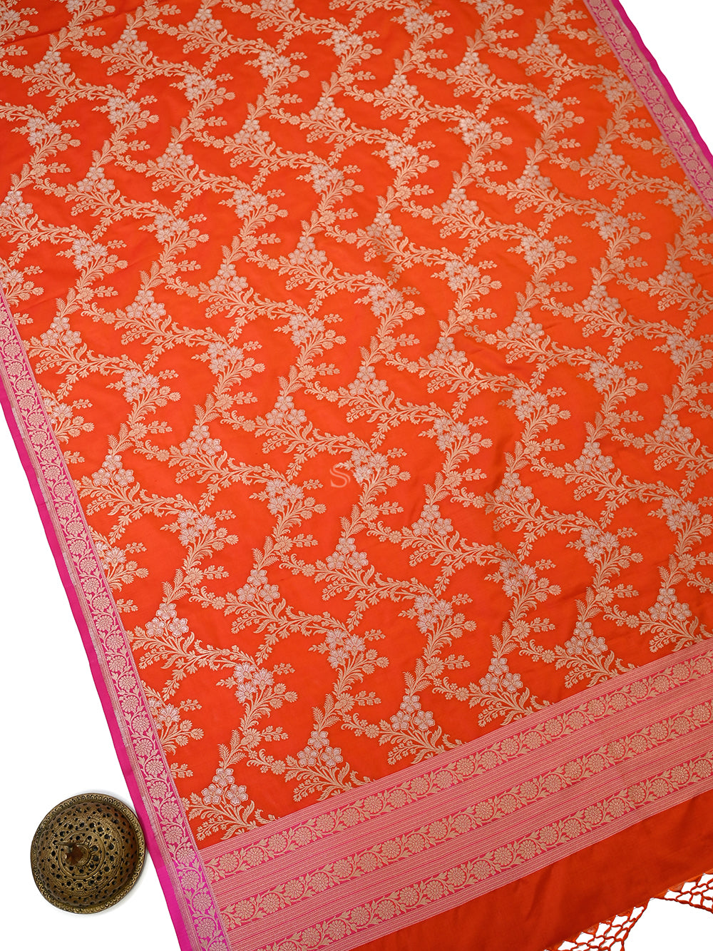 Orange Jaal Katan Silk Handloom Banarasi Dupatta - Sacred Weaves