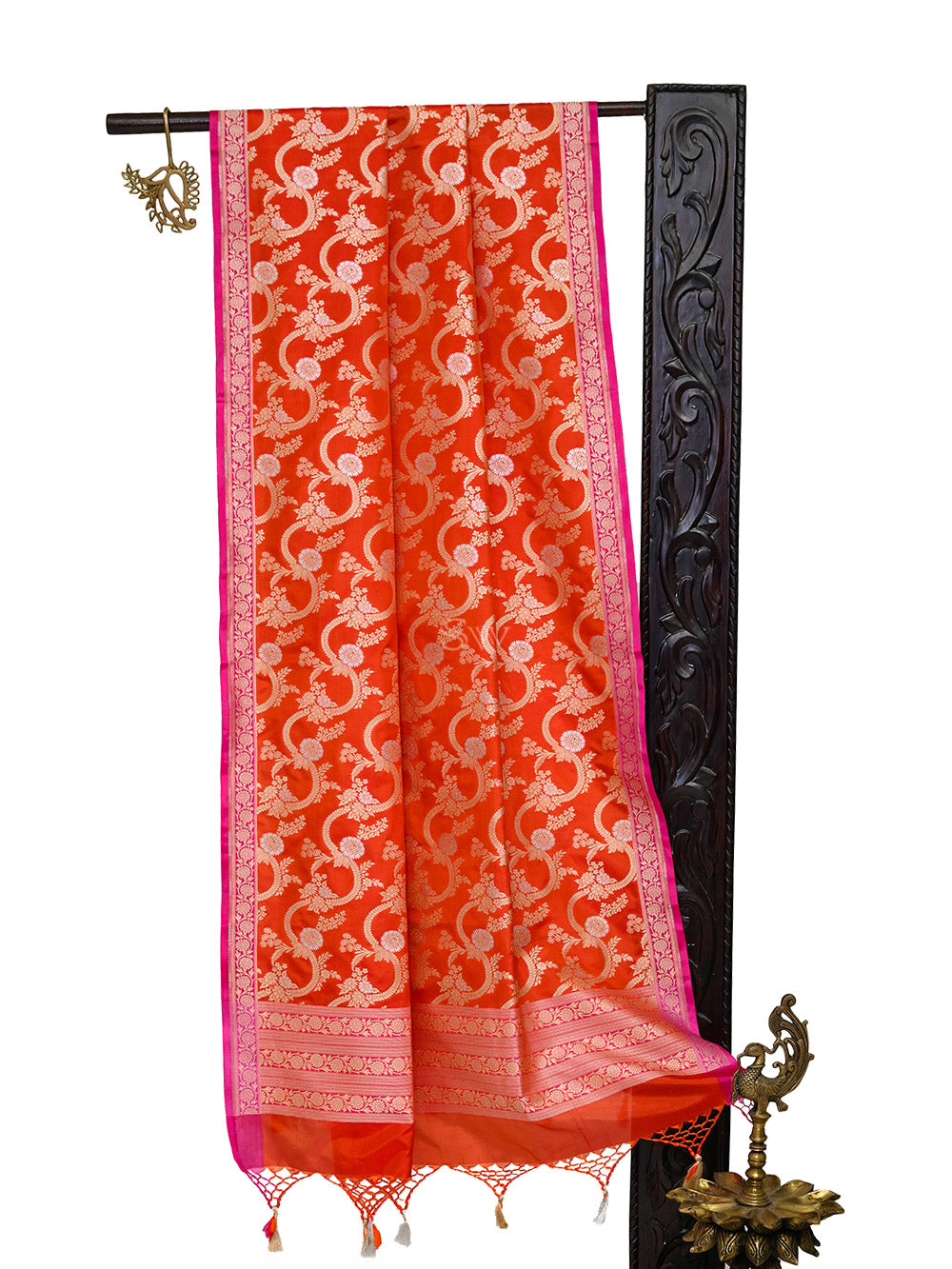 Orange Jaal Katan Silk Handloom Banarasi Dupatta - Sacred Weaves