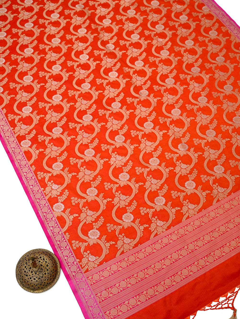 Orange Jaal Katan Silk Handloom Banarasi Dupatta - Sacred Weaves