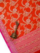 Orange Jaal Katan Silk Handloom Banarasi Dupatta - Sacred Weaves