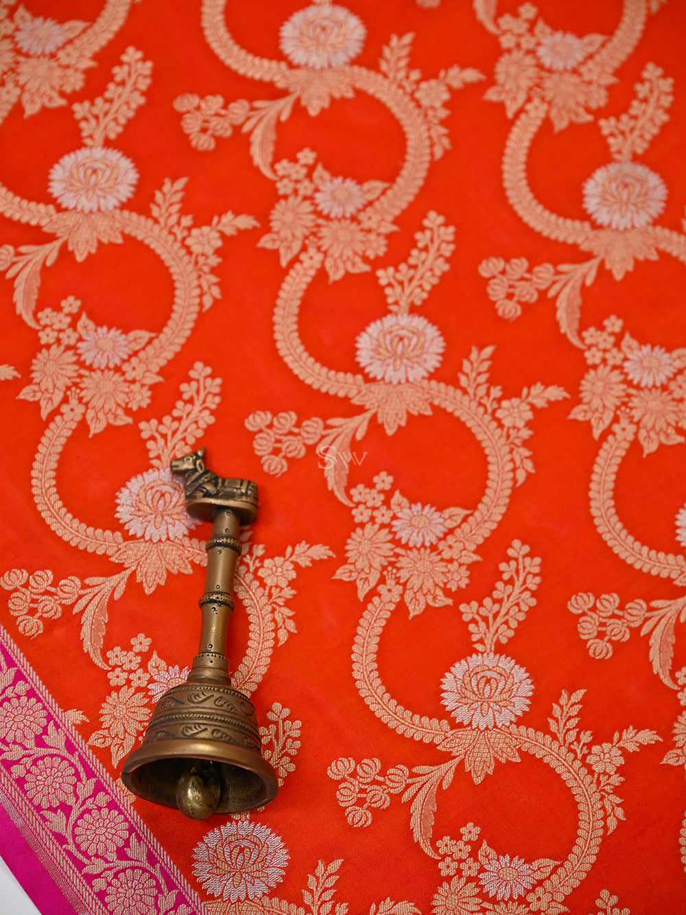 Orange Jaal Katan Silk Handloom Banarasi Dupatta - Sacred Weaves