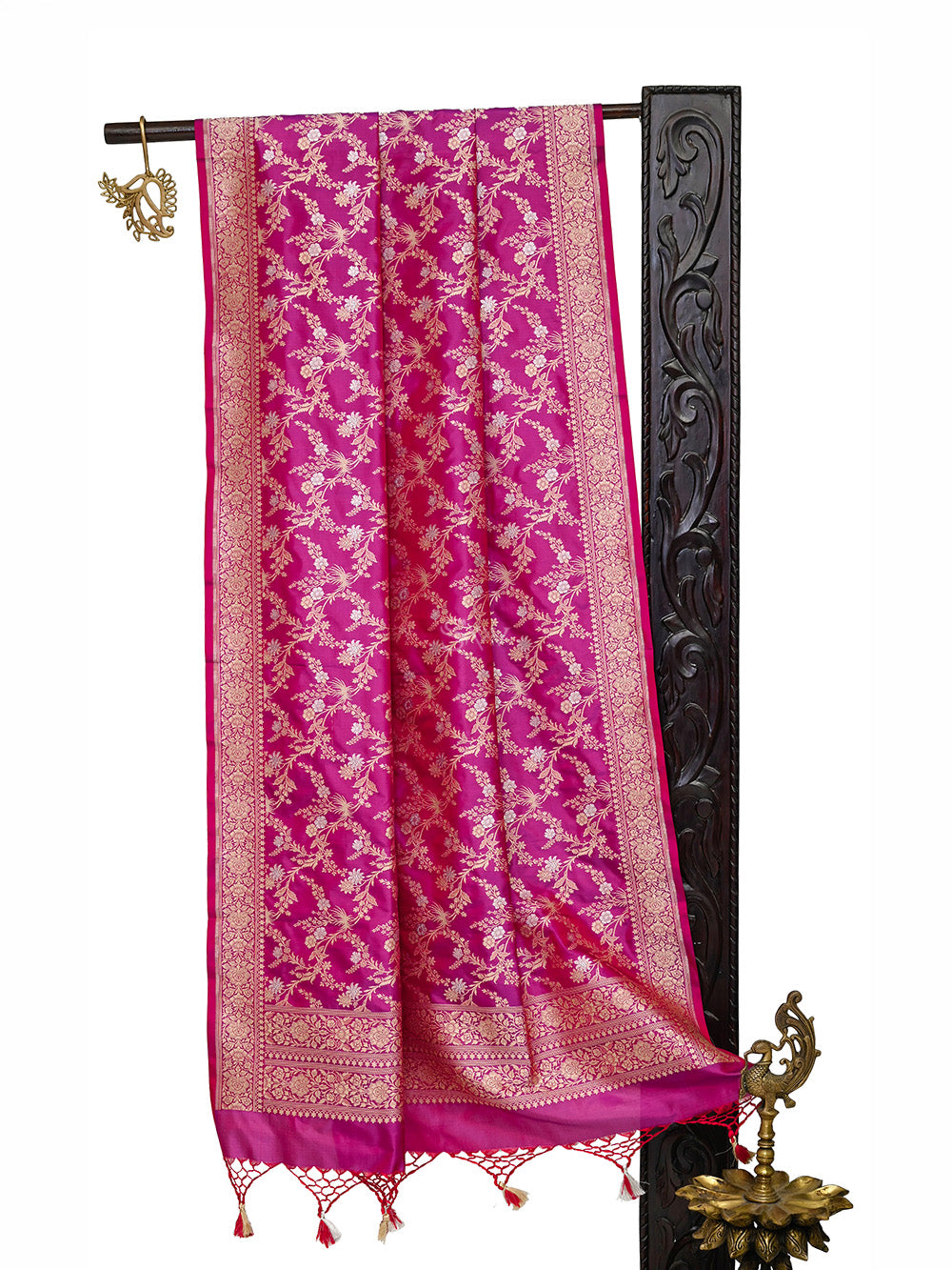 Magenta Jaal Katan Silk Handloom Banarasi Dupatta - Sacred Weaves