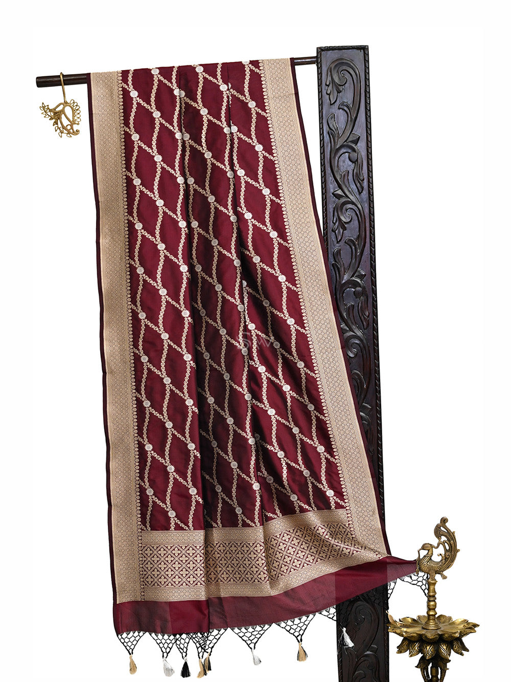 Wine Jaal Katan Silk Handloom Banarasi Dupatta - Sacred Weaves