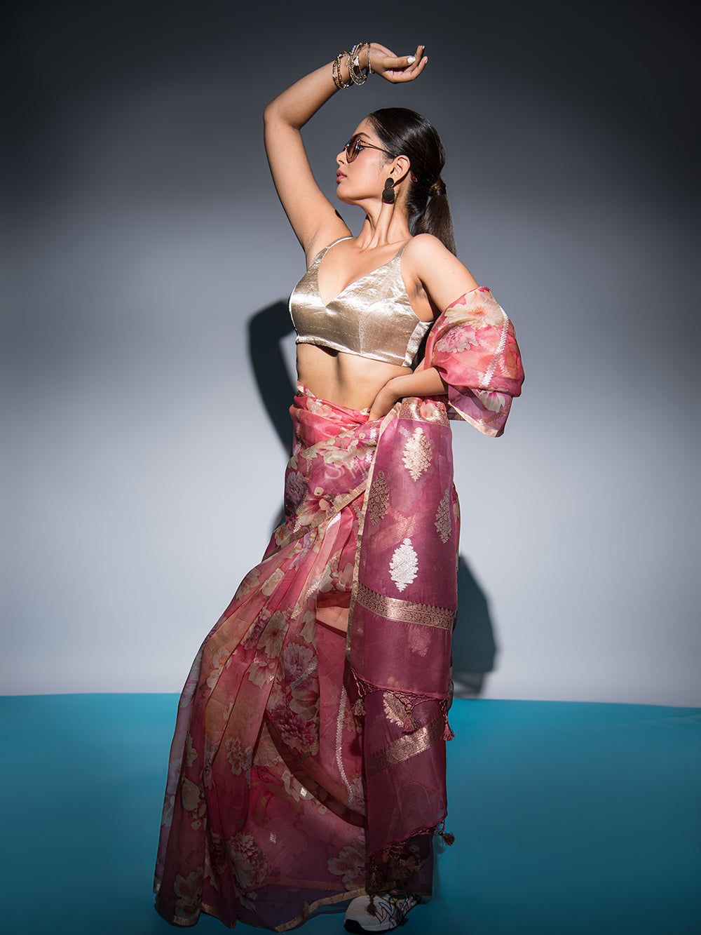 Pink Stripe Organza Printed Banarasi Saree - Sacred Weaves