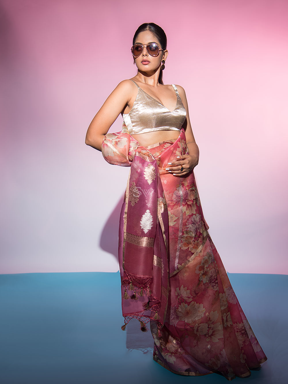 Pink Stripe Organza Printed Banarasi Saree - Sacred Weaves