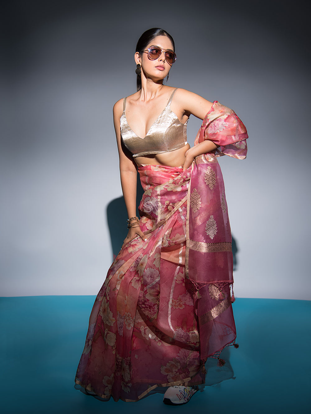 Pink Stripe Organza Printed Banarasi Saree - Sacred Weaves