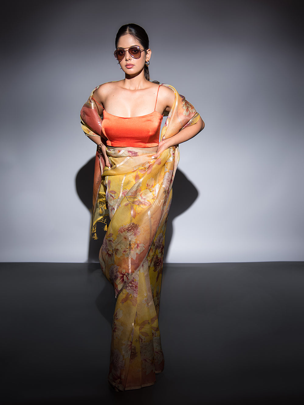 Yellow Peach Stripe Organza Printed Banarasi Saree - Sacred Weaves