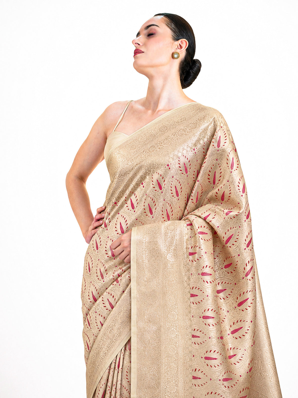 Beige Brocade Meenakari Silk Handloom Banarasi Saree - Sacred Weaves