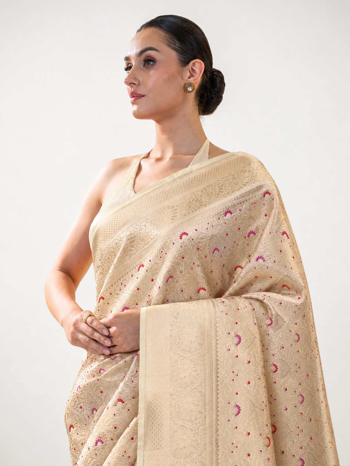 Beige Silk Brocade Meenakari Handloom Banarasi Saree - Sacred Weaves
