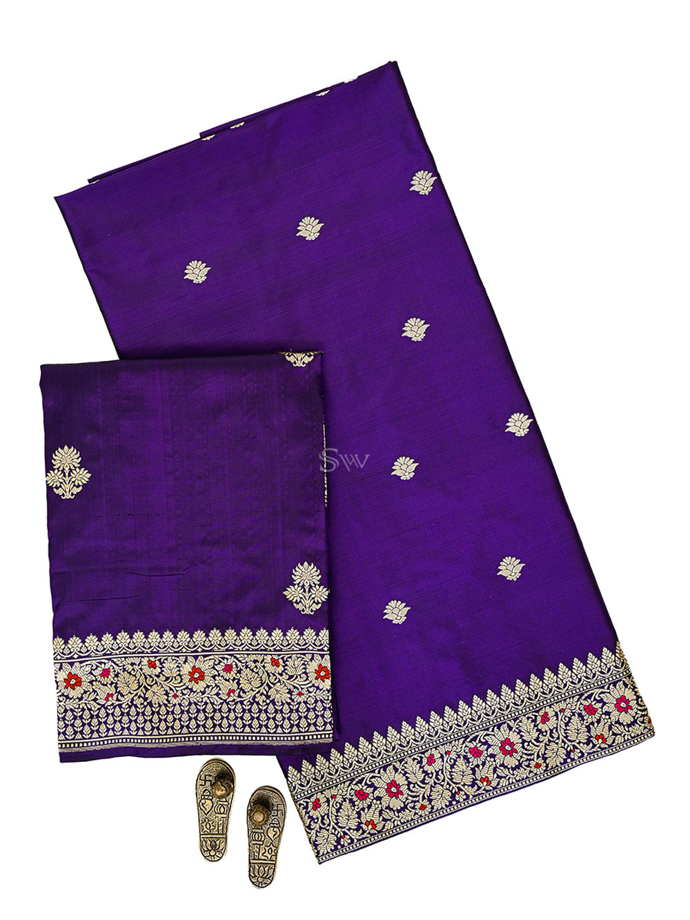 Royal Purple Booti Plain Katan Silk Handloom Banarasi Suit - Sacred Weaves