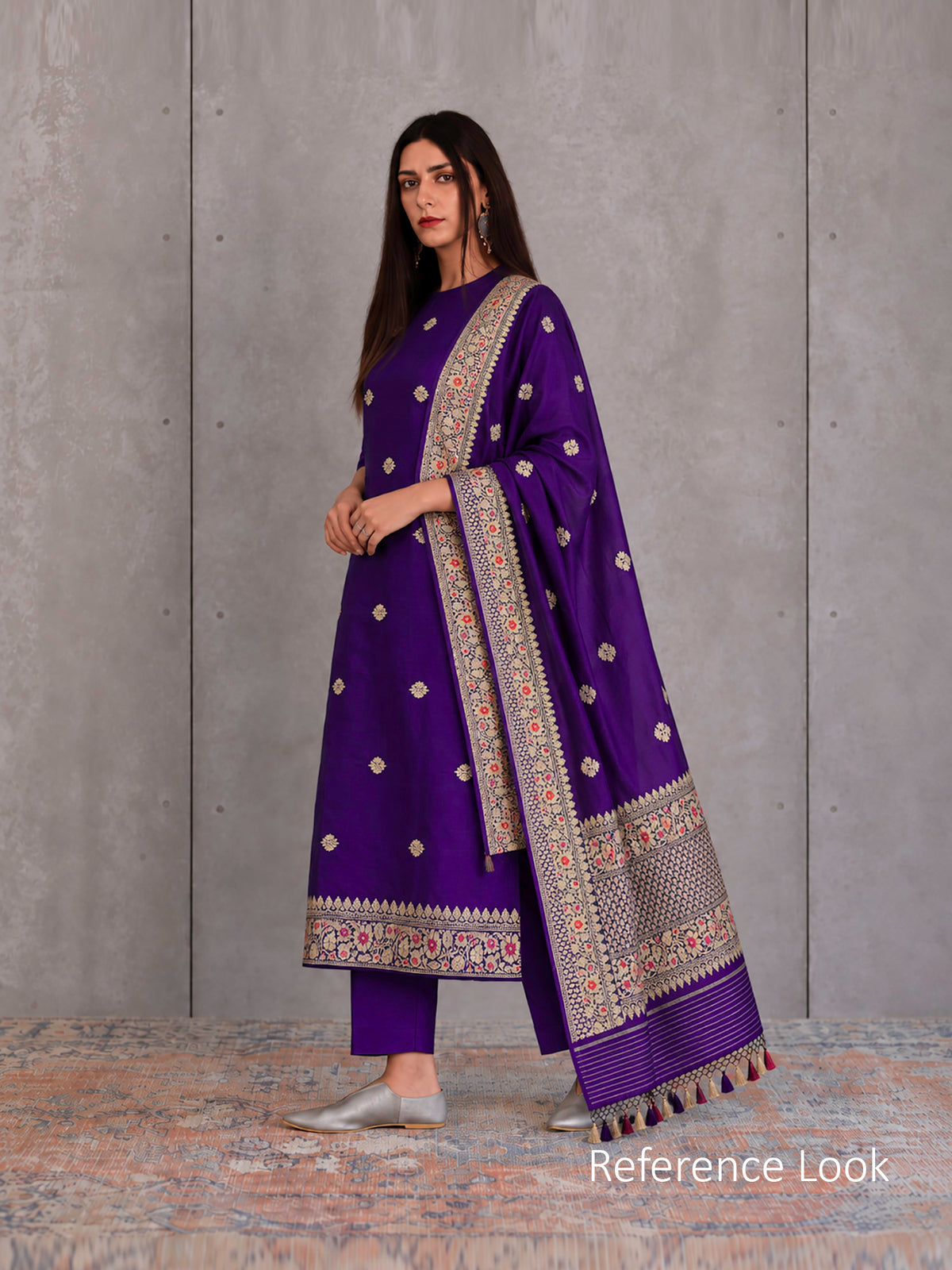 Royal Purple Booti Plain Katan Silk Handloom Banarasi Suit - Sacred Weaves