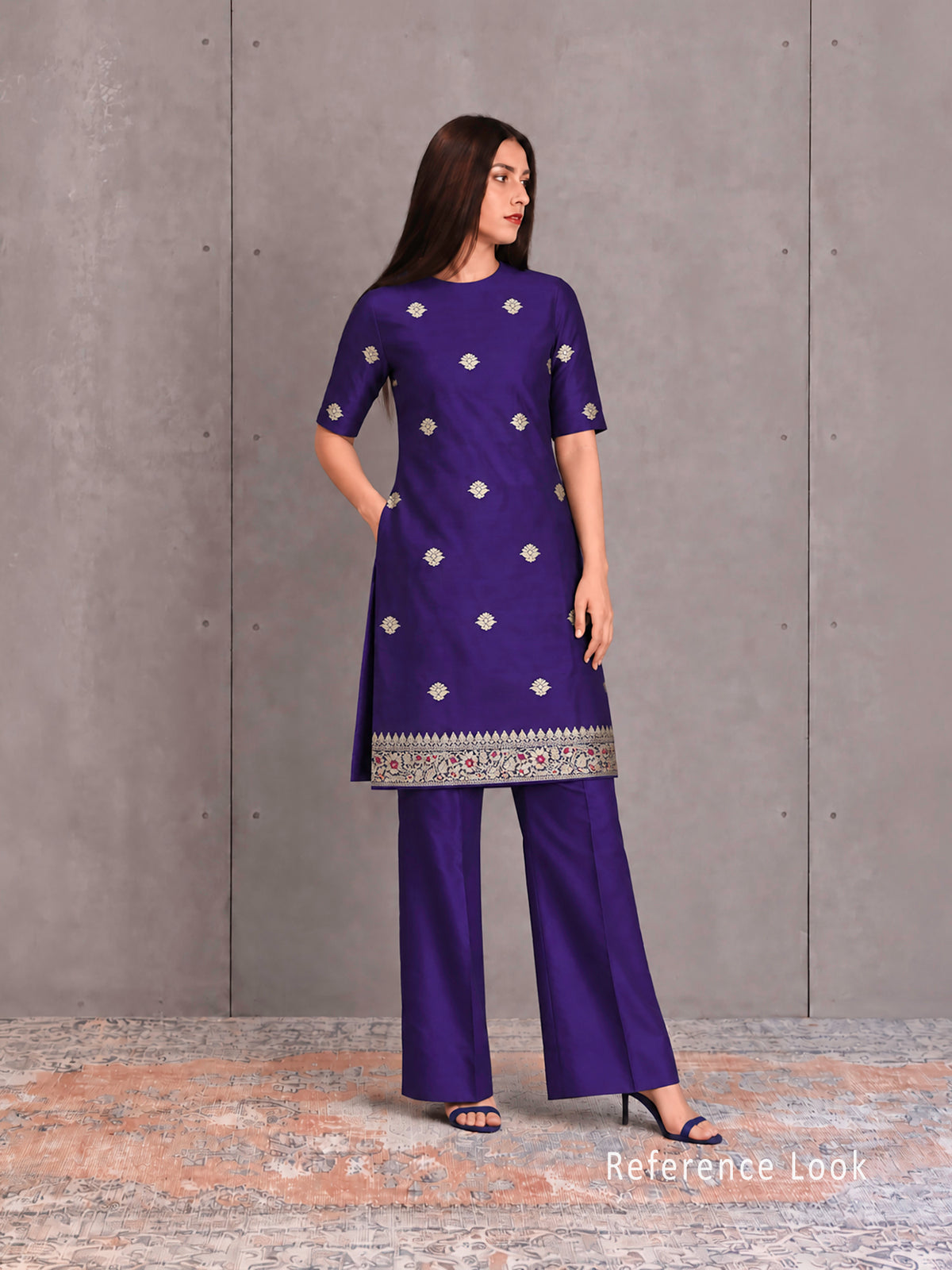 Royal Purple Booti Plain Katan Silk Handloom Banarasi Suit - Sacred Weaves