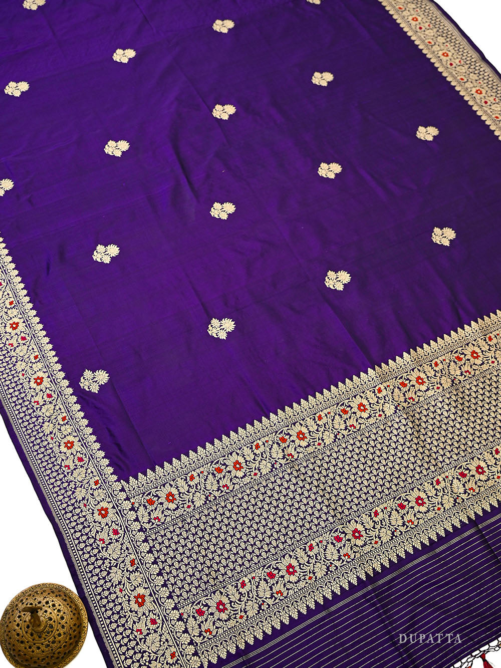 Royal Purple Booti Plain Katan Silk Handloom Banarasi Suit - Sacred Weaves