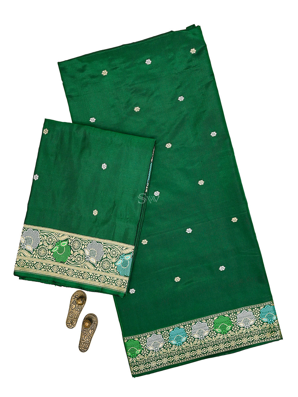 Bottle Green Booti Katan Silk Handloom Banarasi Suit - Sacred Weaves