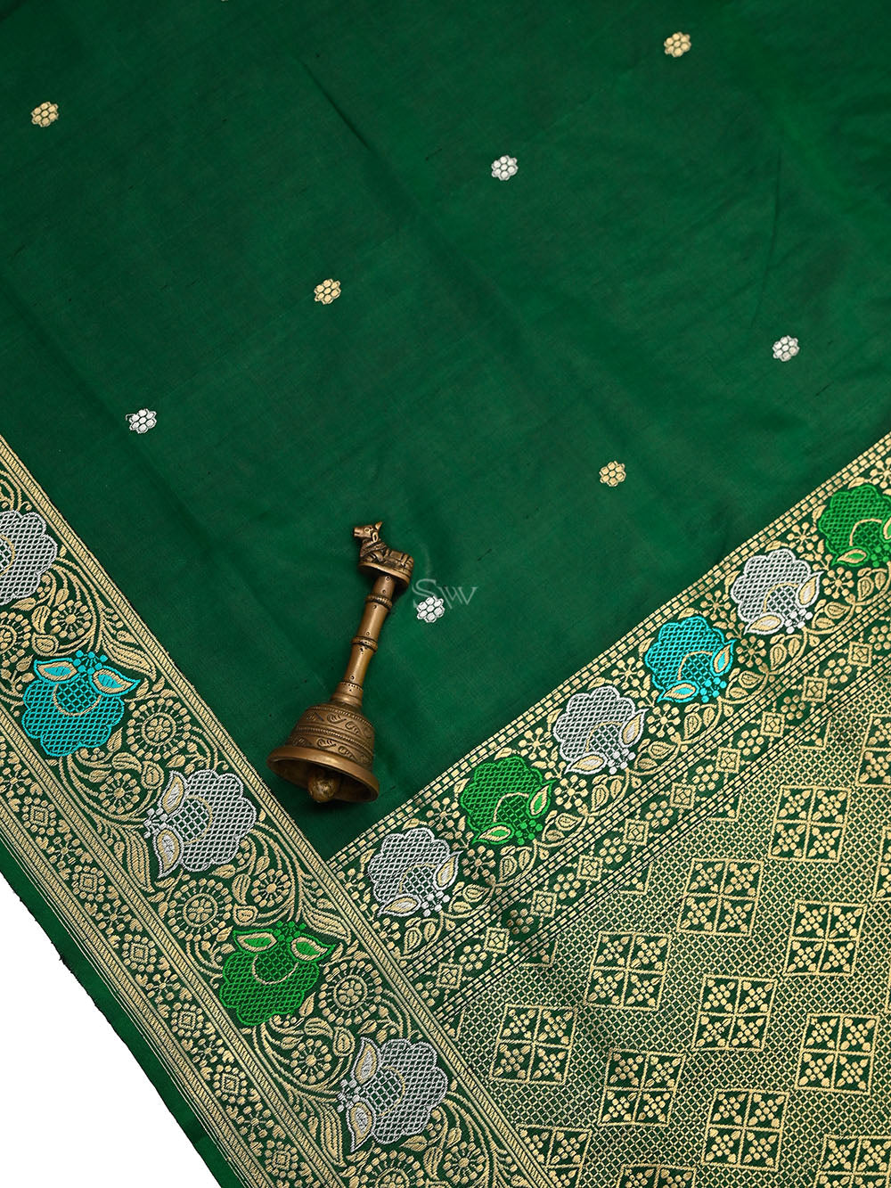 Bottle Green Booti Katan Silk Handloom Banarasi Suit - Sacred Weaves