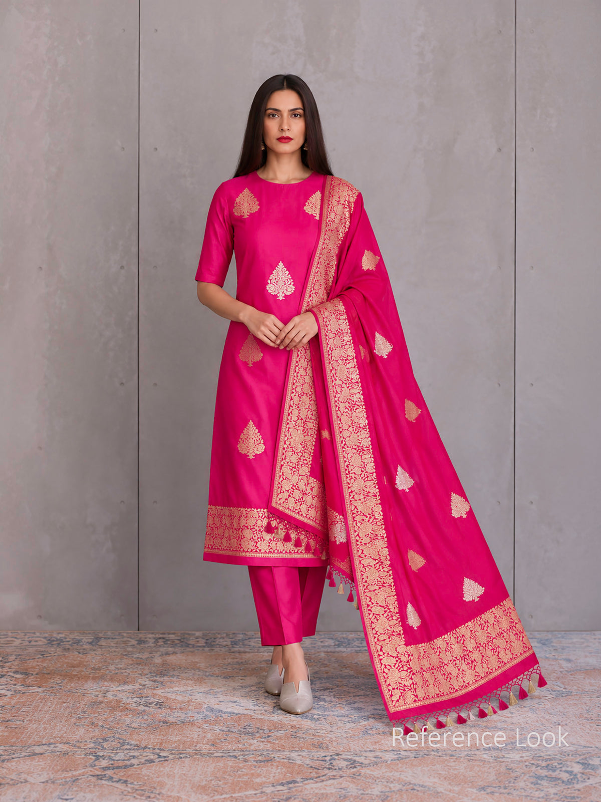 Pink Orange Booti Katan Silk Handloom Banarasi Suit - Sacred Weaves